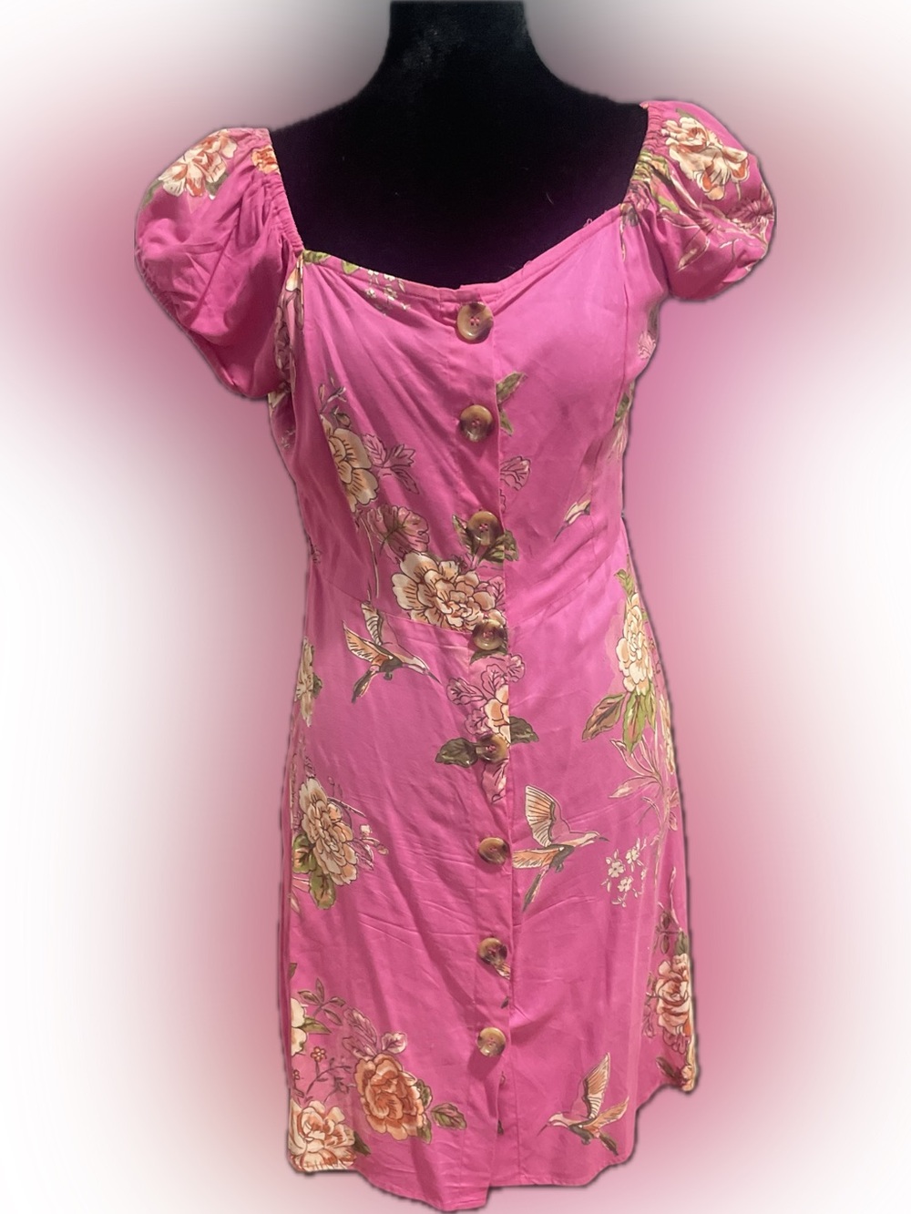 Angie Fuchia Floral Button-Front Puff Sleeve Dress